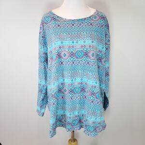 Fresh Produce Blue Abstract Print Cotton Popover Top Blouse Shirt Plus Size 2X